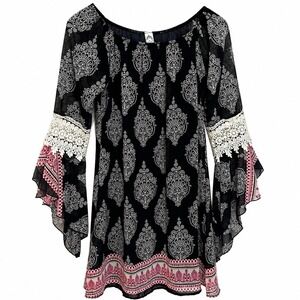 2B Together Navy Blue Damask Print Bell Sleeve Tunic Top Crochet Lace Detail S
